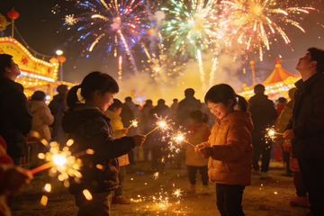烟花节夜景儿童手持烟花
