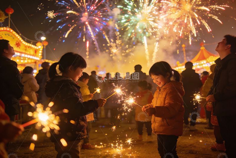 高清大图下载【趣麦麦图】烟花节夜景儿童手持烟花