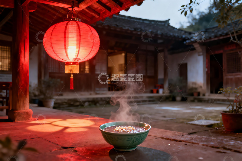 高清大图下载【趣麦麦图】古院红灯笼下热气腾腾的碗
