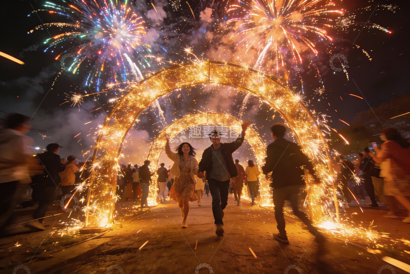 高清大图下载【趣麦麦图】烟花节庆夜游人群欢聚