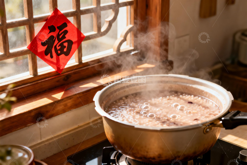 高清大图下载【趣麦麦图】热气腾腾的粥锅与窗前福字