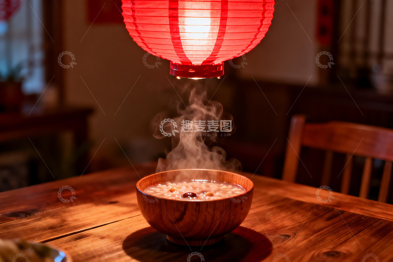高清大图下载【趣麦麦图】热气腾腾的木碗食物与红灯笼
