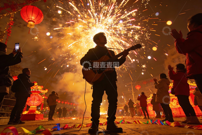 高清大图下载【趣麦麦图】夜景烟花下弹吉他表演