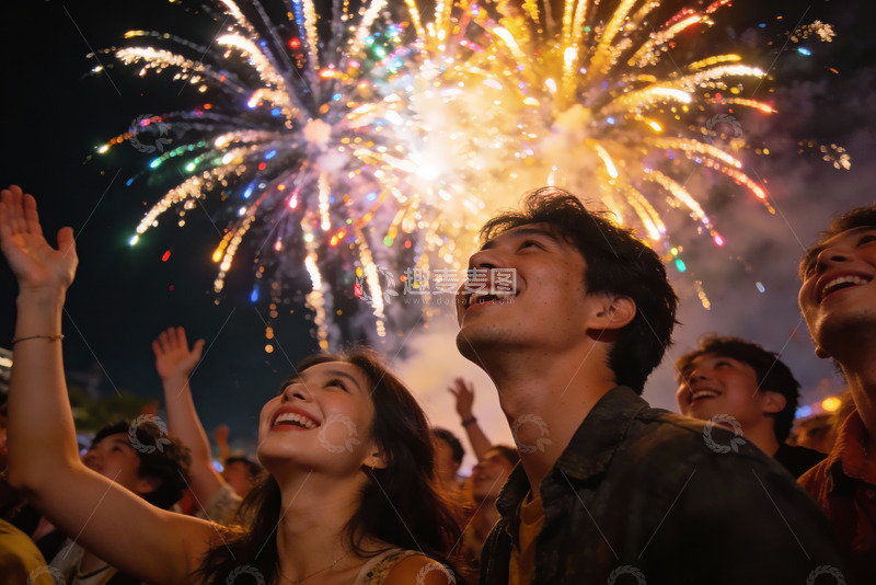 高清大图下载【趣麦麦图】夜空中绽放的烟花与欢笑人群