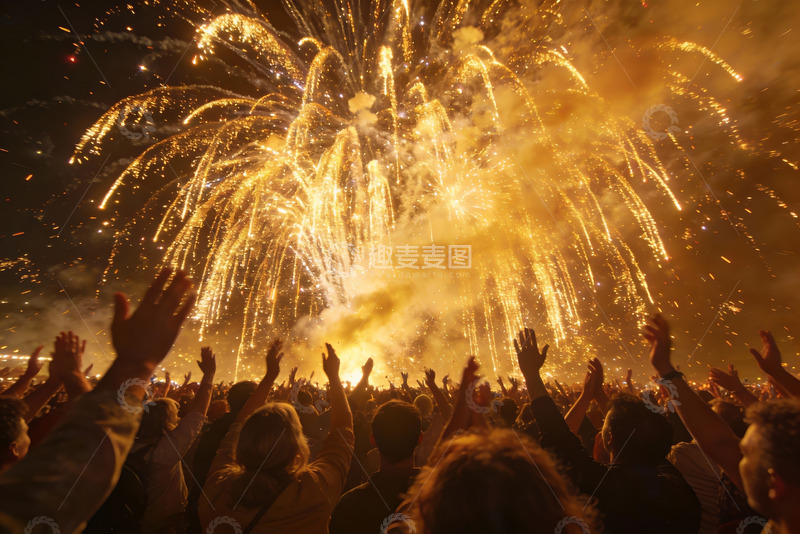 高清大图下载【趣麦麦图】人群仰望夜空烟花绽放