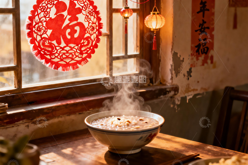高清大图下载【趣麦麦图】窗边热粥暖意浓传统装饰年味足