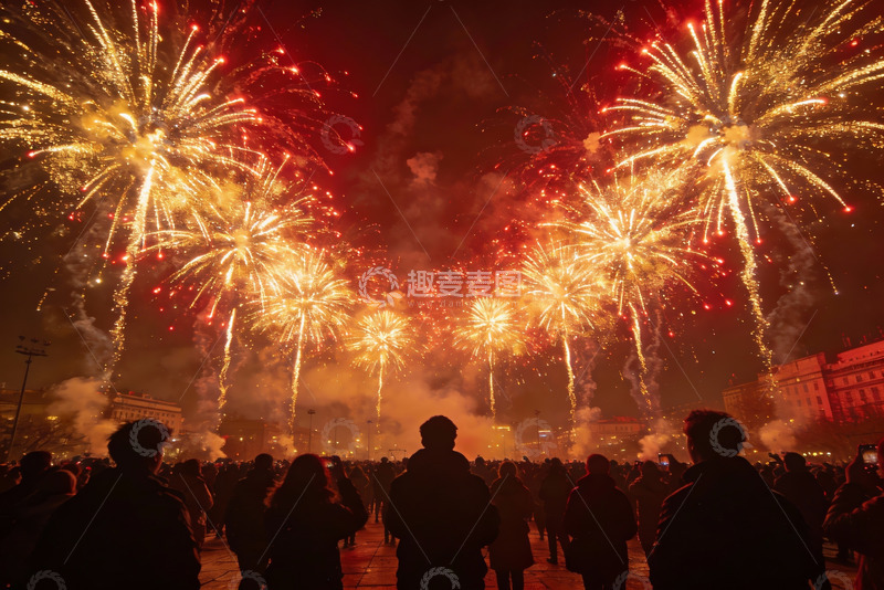 高清大图下载【趣麦麦图】夜空烟花绽放人群观赏盛景