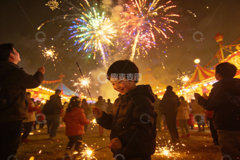 高清大图下载【趣麦麦图】夜空中绽放的烟花与手持烟火的孩子们