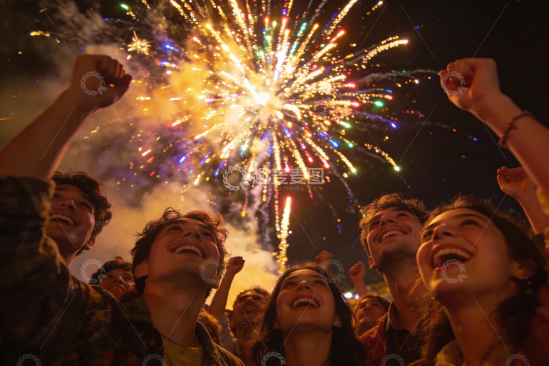 高清大图下载【趣麦麦图】夜空烟花下人群欢庆场景