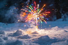 雪地烟花绽放夜景