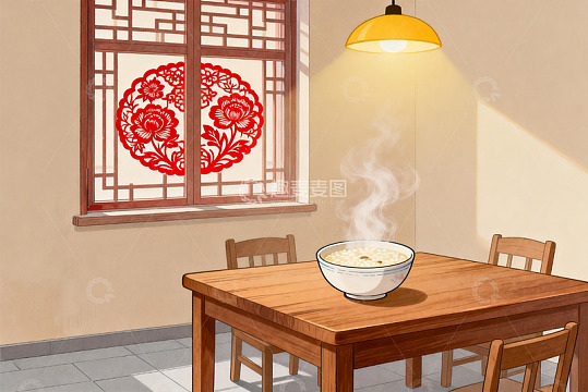 中式窗花旁的热气饭碗