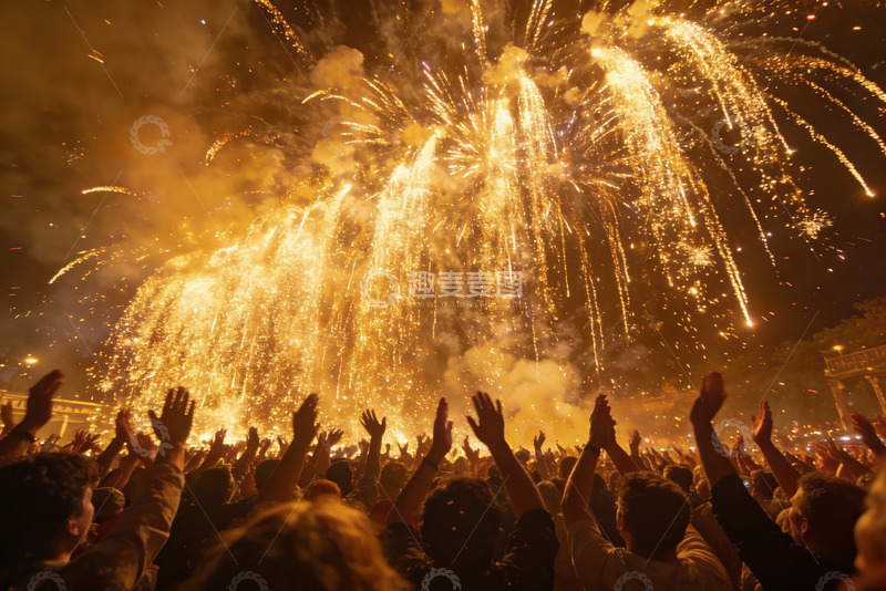 高清大图下载【趣麦麦图】夜空烟花绽放人群欢呼