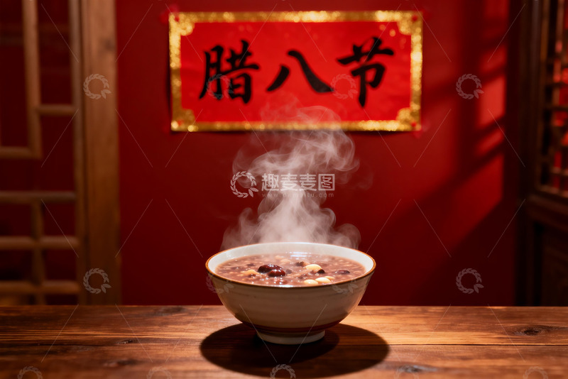 高清大图下载【趣麦麦图】热气腾腾腊八粥配红色背景