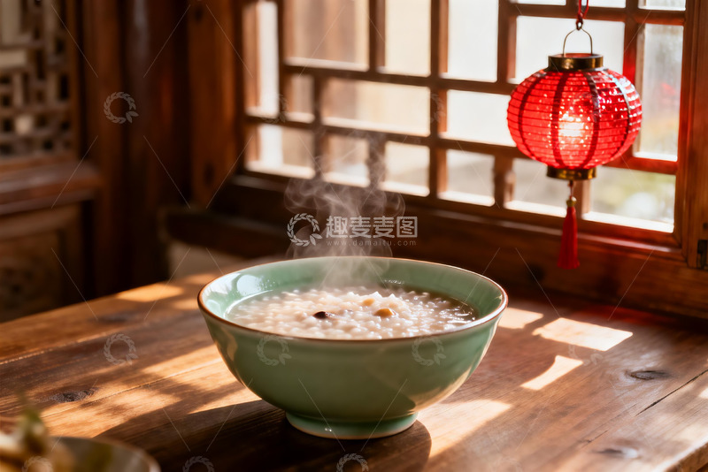 高清大图下载【趣麦麦图】热粥配红灯笼的温馨窗边