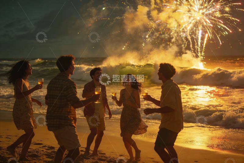 高清大图下载【趣麦麦图】海滩烟花派对欢庆夜