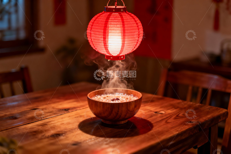 高清大图下载【趣麦麦图】红灯笼下热气腾腾的木碗