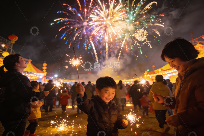 高清大图下载【趣麦麦图】夜空中绽放的烟花与欢笑的人群