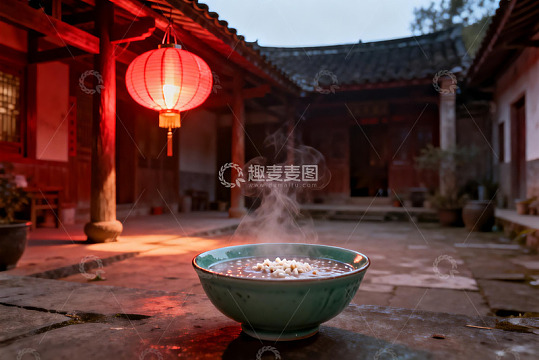古院红灯笼下热气腾腾的碗