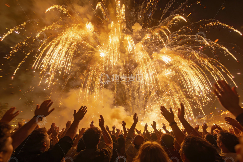 高清大图下载【趣麦麦图】夜空烟花绽放人群欢呼