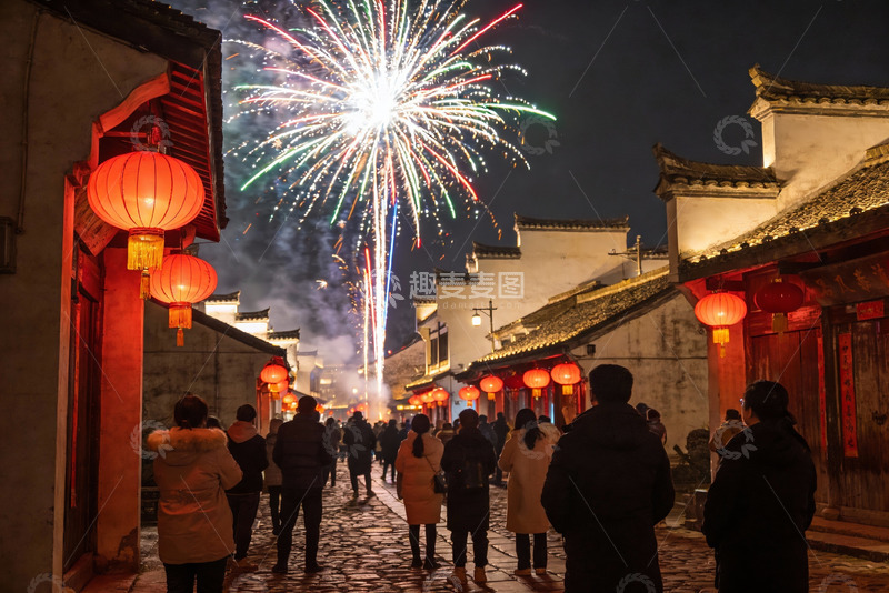 高清大图下载【趣麦麦图】古街夜放烟花人群观赏