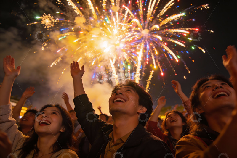 高清大图下载【趣麦麦图】人群仰望夜空烟花绽放