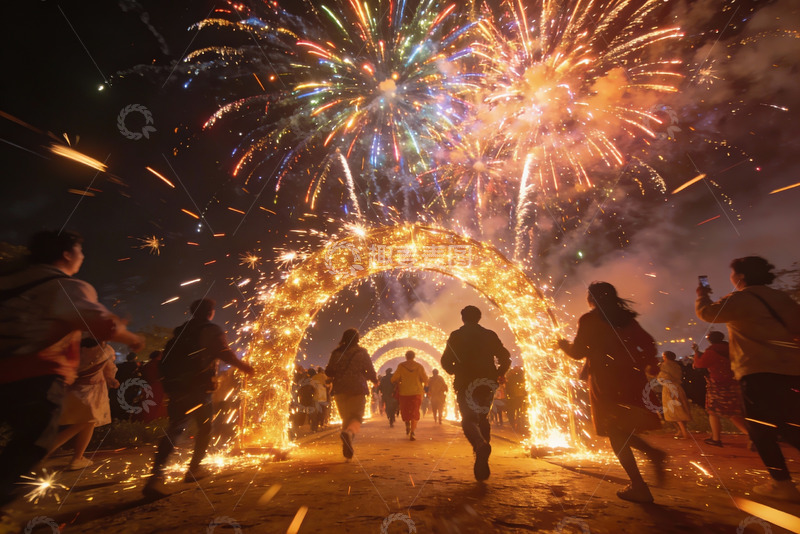 高清大图下载【趣麦麦图】夜空烟花璀璨人群欢庆