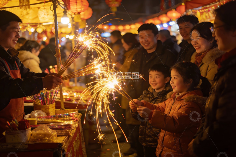 高清大图下载【趣麦麦图】夜市烟花表演欢庆场景