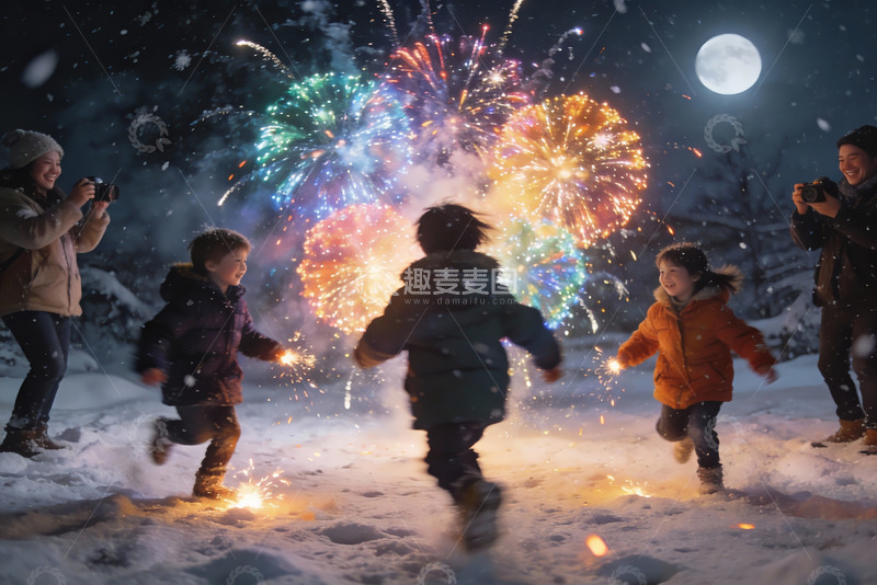 高清大图下载【趣麦麦图】雪夜烟花下儿童奔跑玩耍