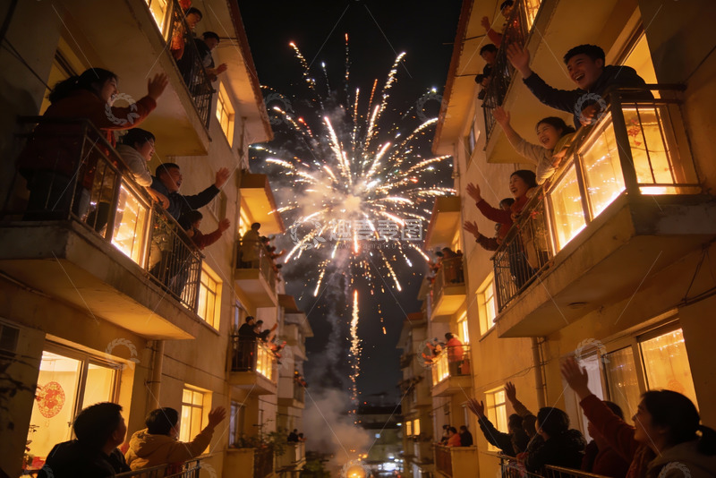 高清大图下载【趣麦麦图】居民楼阳台放烟花庆祝夜景