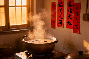 厨房热气腾腾的锅与春联