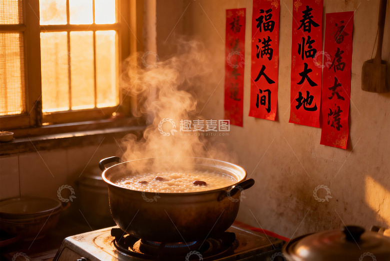 厨房热气腾腾的锅与春联