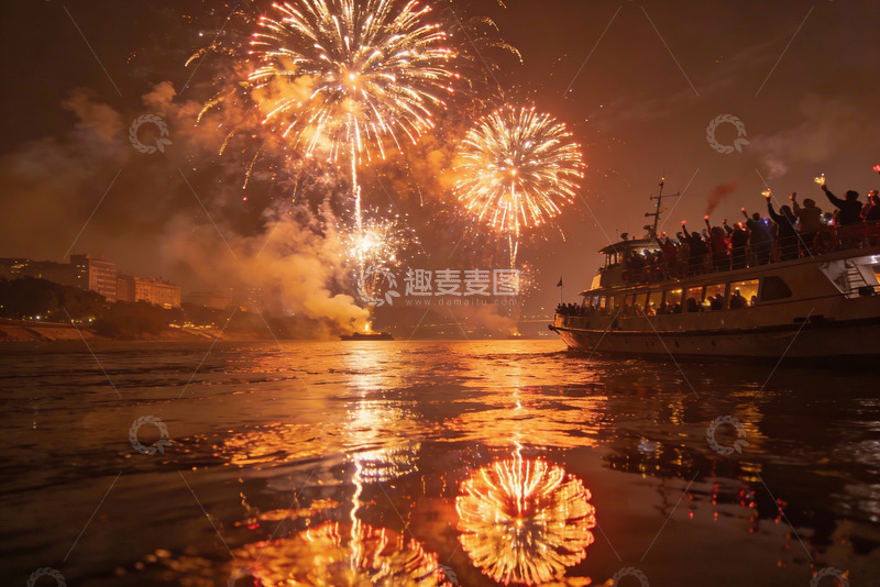 高清大图下载【趣麦麦图】夜游河上烟花绽放