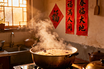 厨房热气腾腾的美食场景