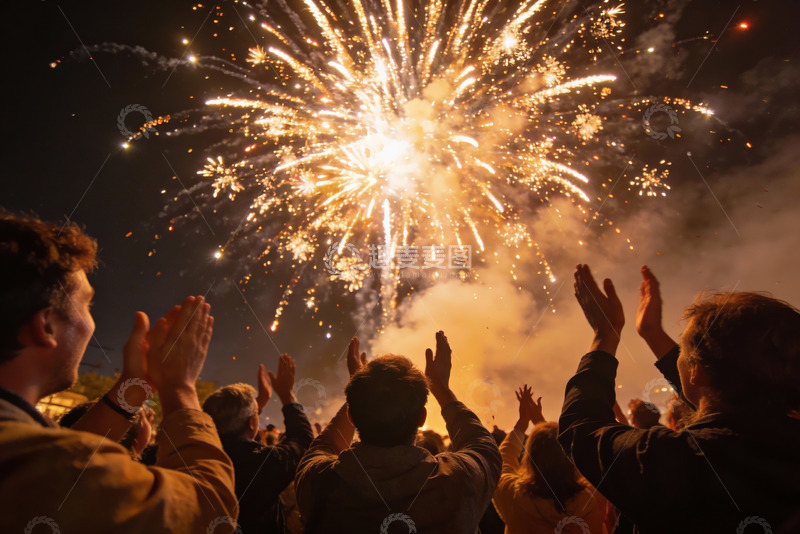 高清大图下载【趣麦麦图】夜空烟花绽放人群欢呼庆祝