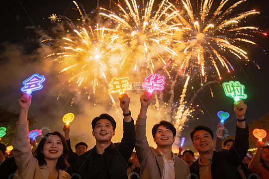 烟花夜空中人群举灯庆祝
