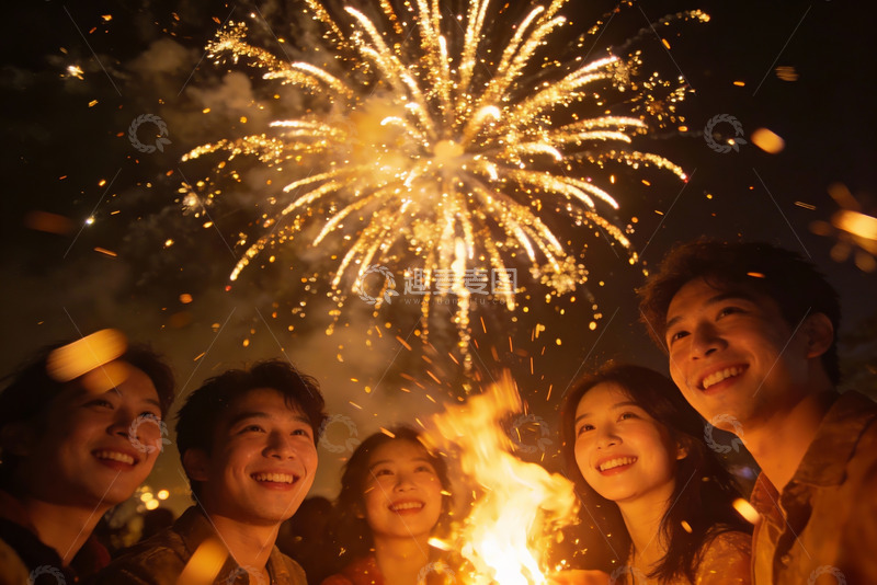 高清大图下载【趣麦麦图】夜空烟花下欢笑的五人