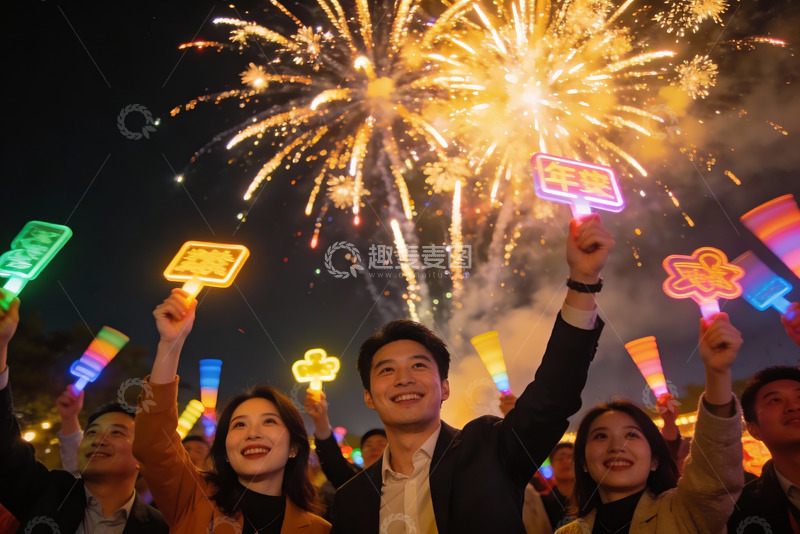 高清大图下载【趣麦麦图】夜空烟花下人群欢庆场景