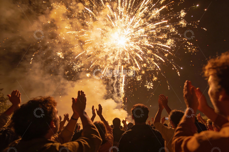 高清大图下载【趣麦麦图】夜空烟花绽放人群欢呼场景
