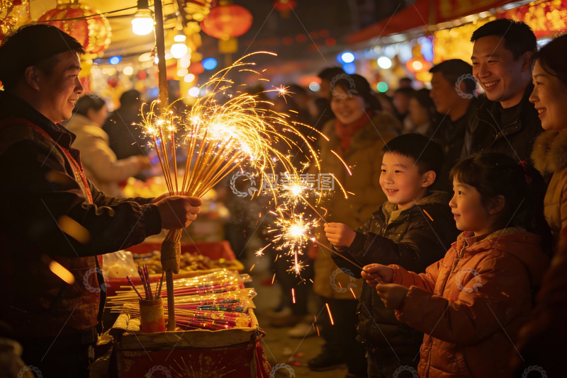 高清大图下载【趣麦麦图】夜市烟花亲子欢乐场景