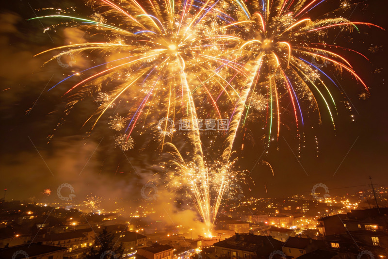 高清大图下载【趣麦麦图】夜空烟花绽放城市灯火辉煌