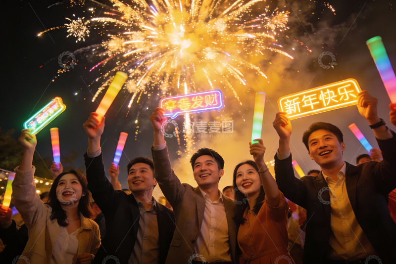 高清大图下载【趣麦麦图】新年夜烟花派对欢庆场景