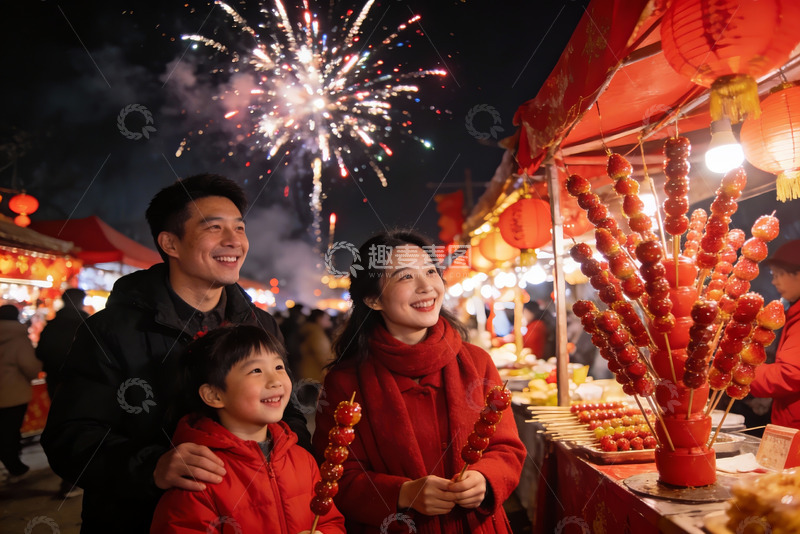高清大图下载【趣麦麦图】烟花节庆夜市一家三口
