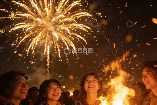 夜空烟花与欢笑人群