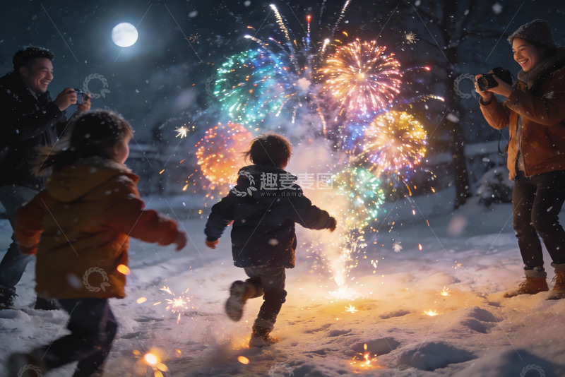 高清大图下载【趣麦麦图】雪夜烟花下亲子欢庆场景