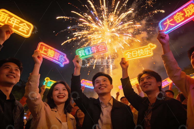 高清大图下载【趣麦麦图】新年夜烟花下举牌欢庆