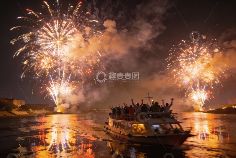 高清大图下载【趣麦麦图】夜游河上烟花绽放人群欢庆