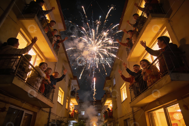 高清大图下载【趣麦麦图】居民楼阳台放烟花欢庆夜景
