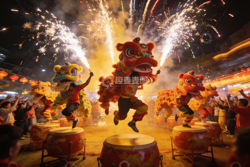 高清大图下载【趣麦麦图】舞狮表演烟花绽放夜景热闹非凡