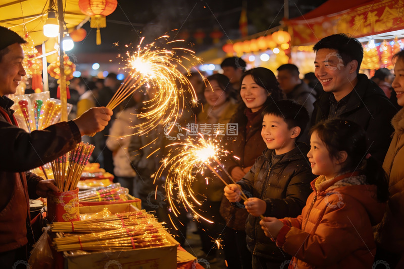 高清大图下载【趣麦麦图】夜市烟花棒欢庆场景