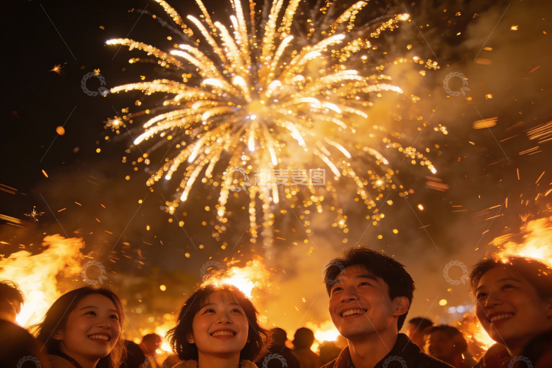 高清大图下载【趣麦麦图】夜空中绽放的烟花与欢笑人群